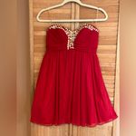My Michelle  Short Cocktail Dress Juniors Size 3 Red Strapless Ruched Embellished Photo 4