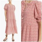 Max Studio 💕💕 Puff Sleeve Tiered Midi Dress Red/Cream Chnml Geo Print Large NWT Photo 1