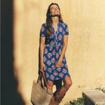 Boden Naomi Short Jersey Dress Bright Blue Wildflower Stamp 12 long Photo 3