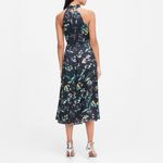 Banana Republic  Dress Halter Floral Satin Midi Navy Blue High Neck Ruffle 0P Photo 2