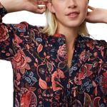 Loft Ann Taylor  Split Neck Navy Coral Boho Floral Long Sleeve Blouse Women Sz S Photo 0