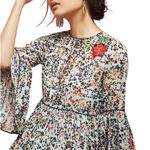 Bhanuna Anthropologie Floral Bell Sleeve Mini Dress Women's 0 Blue Boho Feminine Green Photo 0