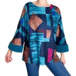 Trisha Tyler Retro Y2K Blue & Tan Geometric Fur Trim Shirt Photo 0