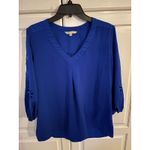 Hawthorn Blue V Neck 3/4 Sleeve Laser Cut Detail Blouse Women Large Photo 2
