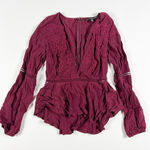 For Love & Lemons  Deep V Floral Flower Lace Applique Long Sleeve Blouse Top Wine Photo 0