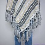 Akira  slanted stripe poncho‎ with fringe edge Photo 7