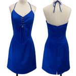 Vintage 90s Halter Neck Lace Up Bodice Mini Dress Satin Royal Blue NEW Womens 4 Photo 1
