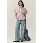 Anthropologie Exquise The Tobie Pleated Blouse Short-Sleeve Purple Stripe Medium Photo 3