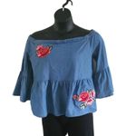 a.n.a Denim Off Shoulder Blouse with Floral Embroidery – Size Large – 3/4 sleeve Photo 3