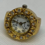 Gold tone Finger Ring Watch Round Quartz 22mm rhinestones adjustable running Photo 0