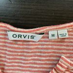Orvis Linen Shirt Womens Medium V-Neck Orange Stripes Outdoorsy Summer READ Photo 2