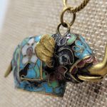 Vintage Brass Cloisonne Elephant Trunk Up Pendant Gold Chain Necklace 16" Photo 7