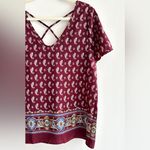 Sienna Sky  Maroon/Blue/Tan Paisley Print Short Sleeve Blouse, Size Medium Photo 4