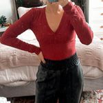 Forever 21 Red Ribbed Button Up Longsleeve Bodysuit  Photo 1