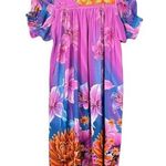 Handmade Muumuu Dress Vibrant Floral Puffed Sleeve Lily Midi Sequin Woven Detail Size M Photo 0