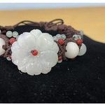 Handcrafted Jade Floral Beaded Knotted Adjustable Bracelet Boho Beachy White Photo 0