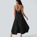 Halara 100HO.- Backless Crisscross Lace Up Side Zipper Ruffle Split Hem Maxi Dress Photo 3