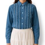 Vintage 90s Top Chambray Denim Ruffle Front Western Button Down Shirt Large Blue Photo 1
