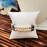 Pearl & Leather Choker & Bracelet Sterling Silver White Photo 3