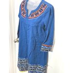 Rini Blue Embroidered Boho Tunic Dress XL Cotton V Neck 3/4 Sleeve Hippie Photo 2
