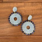 Round Denim Beaded Hoop Earrings Blue Dangle Drop Statement Earrings Photo 3