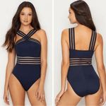 Kenneth Cole Black One Piece Cross Neck Illusion Striped One Piece Swimsuit, M Photo 7