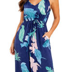 HUSKARYL Tropical Print Maxi Dress Sleeveless Pockets Size L Blue Size L Photo 0