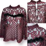 Dance & Marvel  Lace Mockneck Open Back Feather Trim Blouse Maroon Black M Photo 1