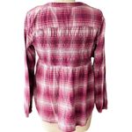 Knox Rose  Boho Burgundy Plaid Babydoll Smocked Flannel Shirt Top ~ Women's LARGE Photo 3