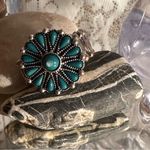 Statement Ring Turquoise Medallion Set in Silver Stretch Band One Size Photo 2