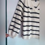 Lands' End Drifter Heavyweight Cotton Pullover Striped V Neck Sweater XL Ivory Photo 2
