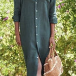 Frank & Eileen  Rory Washed Linen Maxi Shirtdress In Forest Green Photo 0