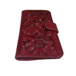 Handmade Vtg Red Tooled Leather Sunflower Womens Embossed Clutch Wallet Mexico 8" x 4" Photo 4