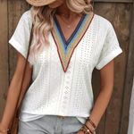 Rainbow Crochet Lace V Neck White Eyelet Boho Short Sleeve Shirt M L XL NWT Size undefined Photo 1