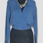 ZARA  Cropped Blouse Long Sleeve Button Front Blue Small Photo 0