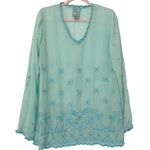 Johnny Was  Teal Floral & Geometric Embroidered Crochet Trim Cupro Tunic Size S Photo 0