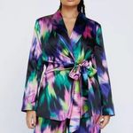 Nasty Gal Satin Printed Cinched Waist Multicolor Long Sleeve Blazer Jacket 20 Photo 0