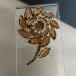 Brooch Amber Marquise Round Rhinestones Vintage Gold Tone Floral Clear Prong Set Photo 1