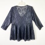 Free People Black Shimmer Sheer Floral Lace Henley Neck Flare Blouse Top Size L Photo 3
