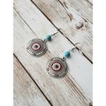 Ornate Patterned Circle Dangle Earrings Silver Tone, Red, Blue Photo 1