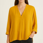 ZARA Mustard Yellow Blouse Women's Large Draped V-Neck Hi-Low Hem Relaxed Photo 0