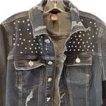 None Jean Jacket Women's Size 12 Blue Denim Jacket Pearl Studded Frayed Hem Photo 6