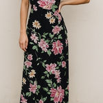 Lulus ‎ XS Black Floral Satin Slip Maxi Dress Cowl Neck Criss Cross Back Photo 0