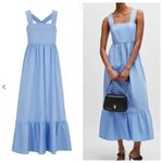 Boss Midi Dress Blue Stretch Twill Wide Crossover Straps Ruffle Skirt size 10 Photo 1