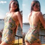 Vintage RARE 1950s JCPenny Flower Print Pinup Swimsuit Playsuit Summer Beach Med Green Photo 1