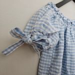 H&M L.O.G.G. Blouse Blue White Plaid Off Shoulder Short Sleeve Ties Casual Spring Photo 3