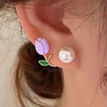 Trendy Elegant Purple Tulip Flower Pearl Stud Earrings, Women's‎ Stud Earrings Gold Photo 0