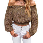 Newbury Kustom Womens Leopard Animal Print Wooden Button Off Shoulder Crop Top S Photo 0