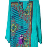 HEMANT & NANDITA Turquoise Floral Boho Chic Silk Tunic Mini Dress Medium Blue Photo 0