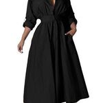 NEW Collar Neck High Waist Flared Button Down Maxi Shirt Dress XL Black Photo 0